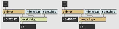 Max/MSP patch for measuring the performance of each sigmoid-logit mapping approach, using both native objects and [expr] formulas respectively.